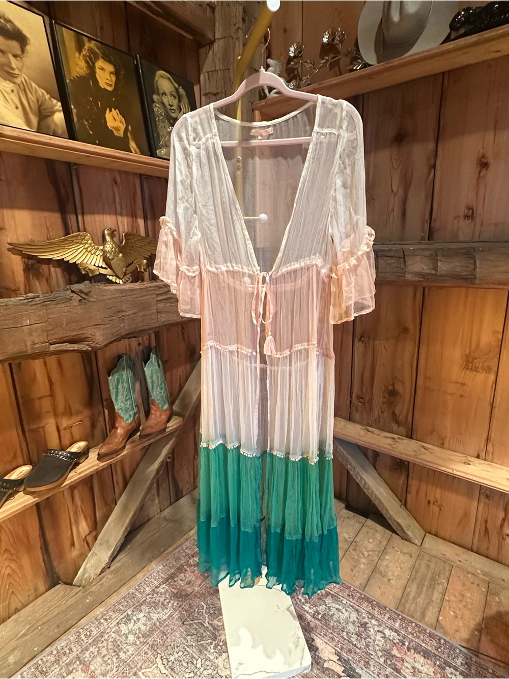 Silk Chiffon Tiered Robe in Peach, Cream & Teal